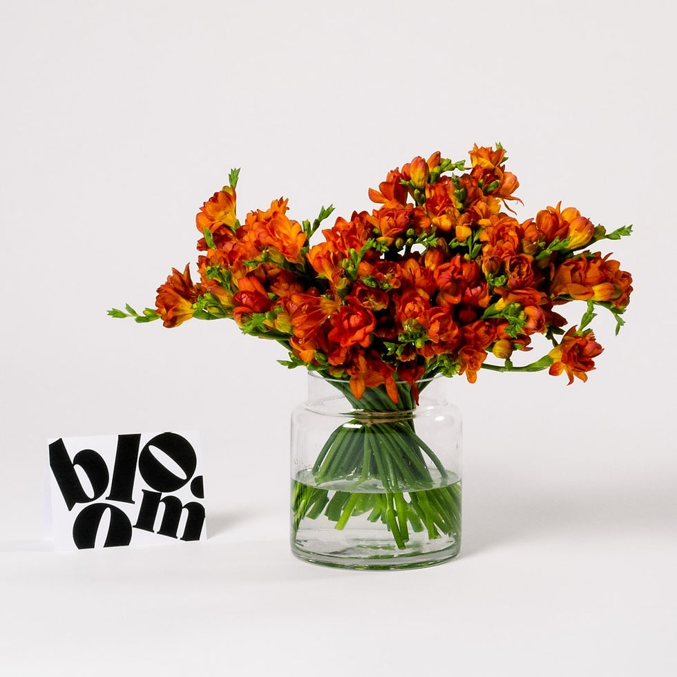 fresh orange flowers in a jar and the bloom logo