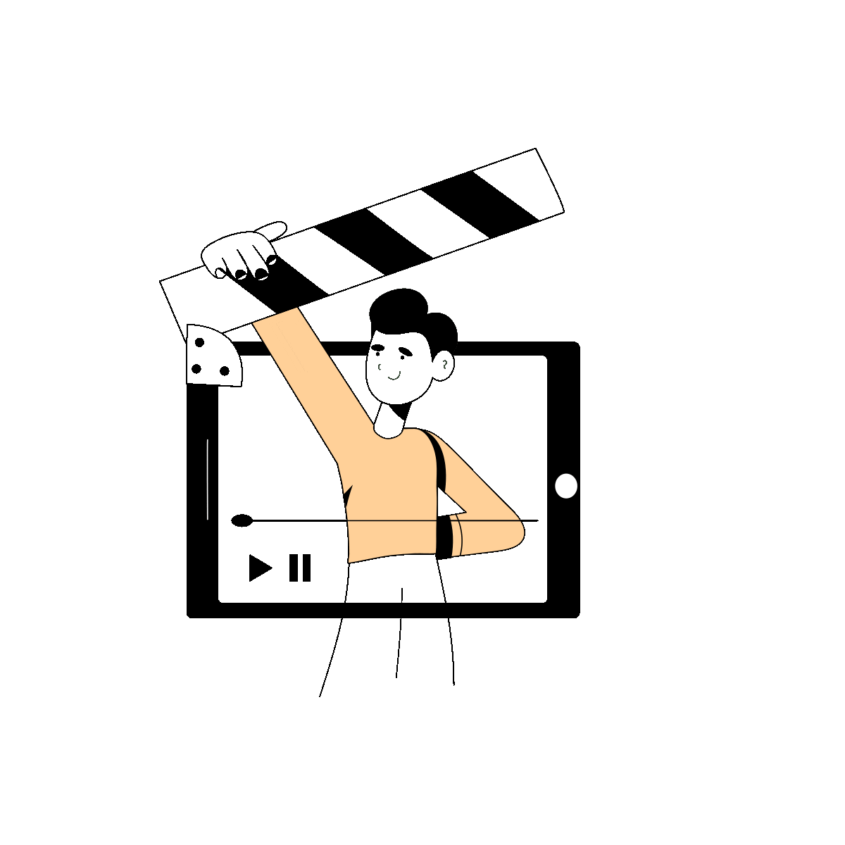 Animation showing a young man leaning out from a phone screen about to play a video
