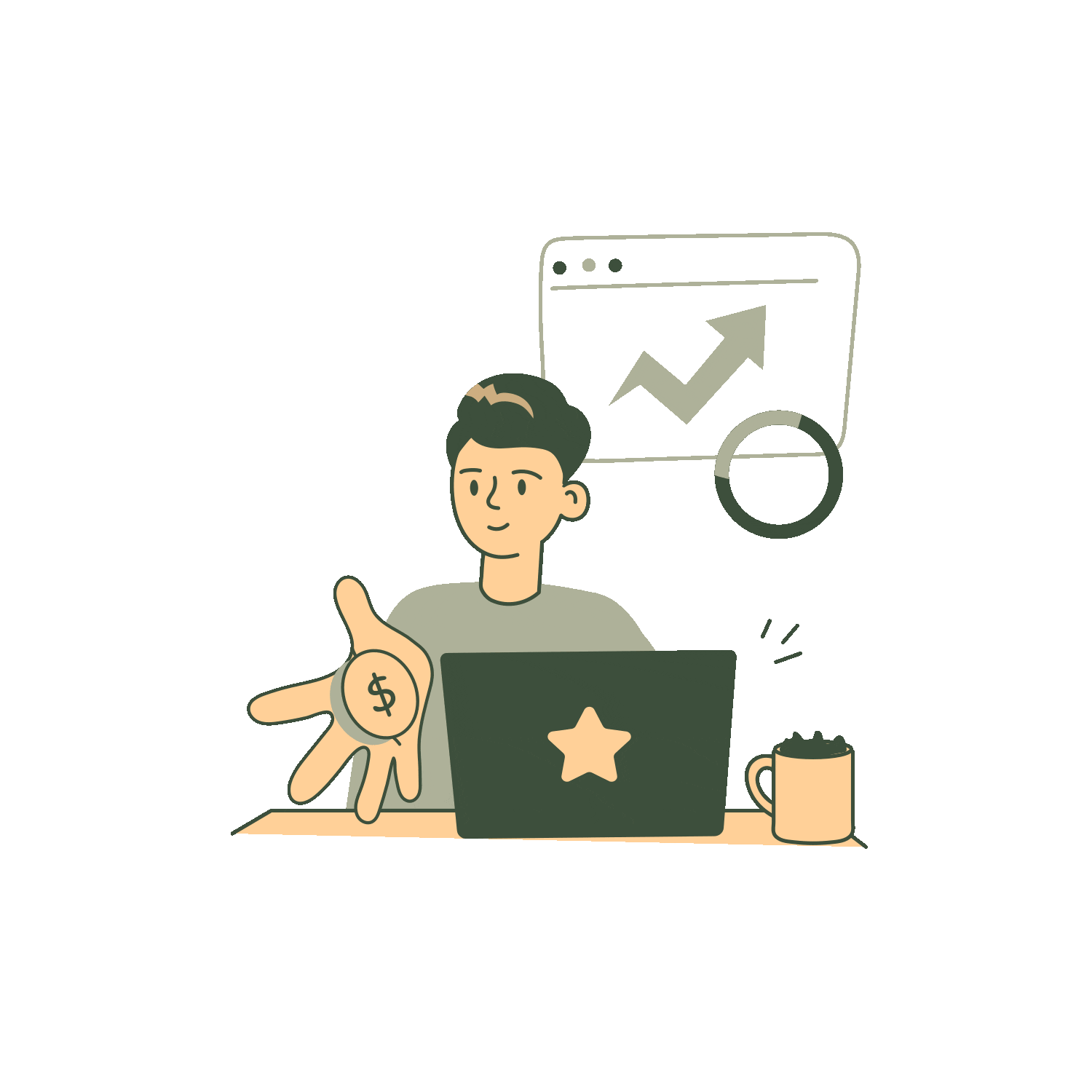 Animation showing man sitting at laptop as charts and graphs flash around him