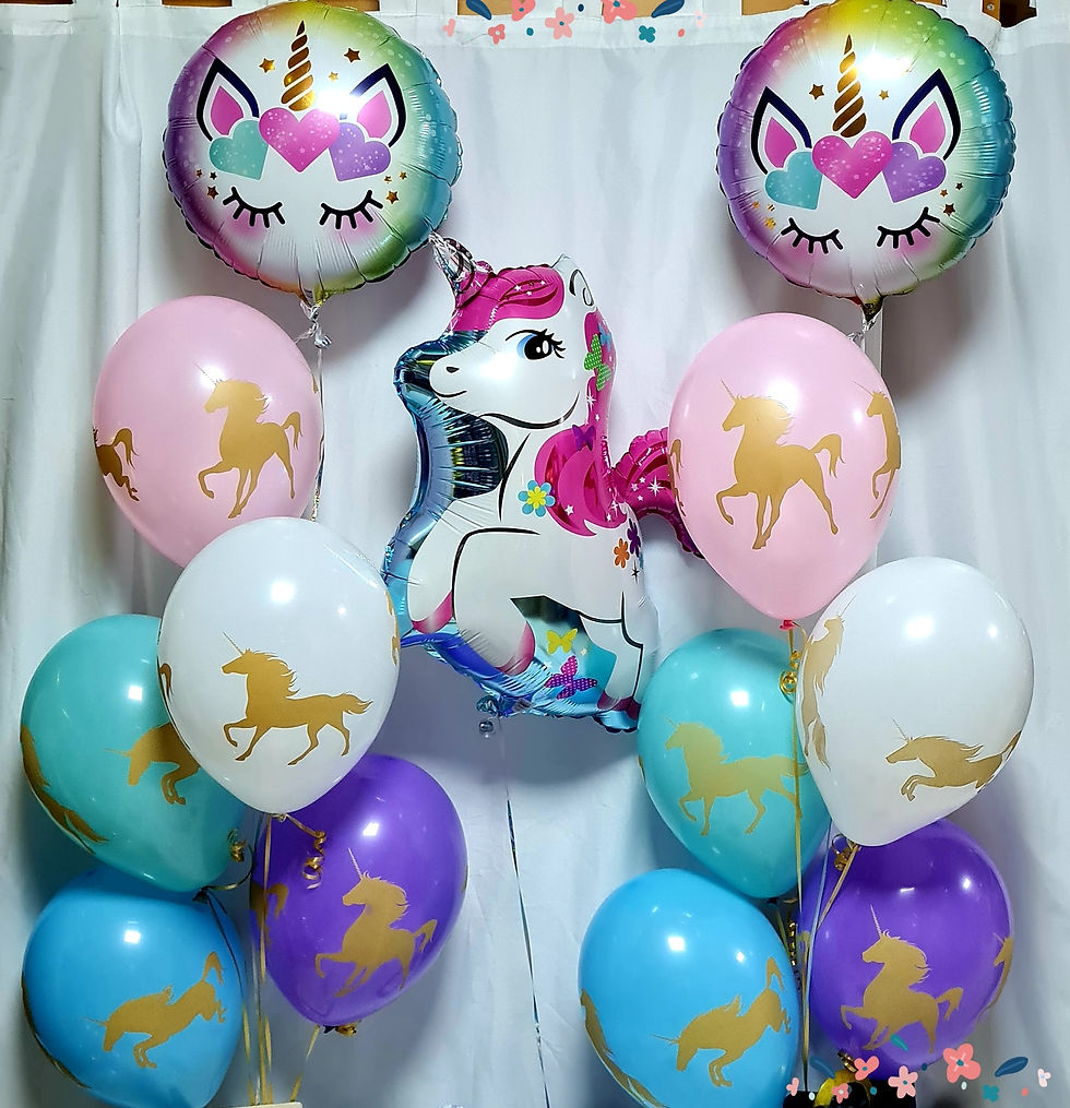 Unicorn balloon bunches incl. 10 latex, 2 foil 18", 1 supershape. Incl.helium