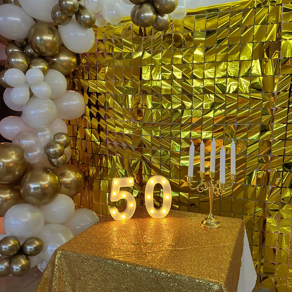 Thumbnail: Balloon garland set up, including gold backdrops
