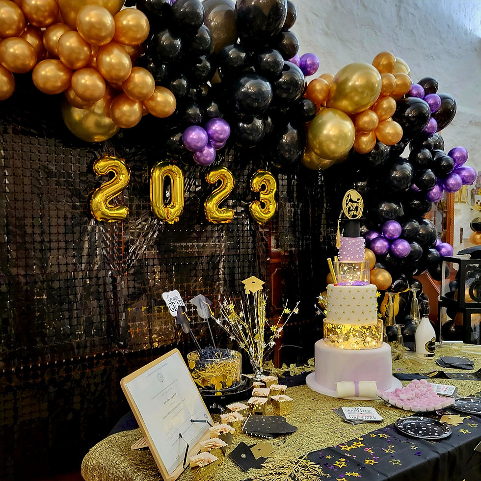 Thumbnail: Graduation party set up. Balloon arch. Star shape balloon frame.Table deco.bk dr