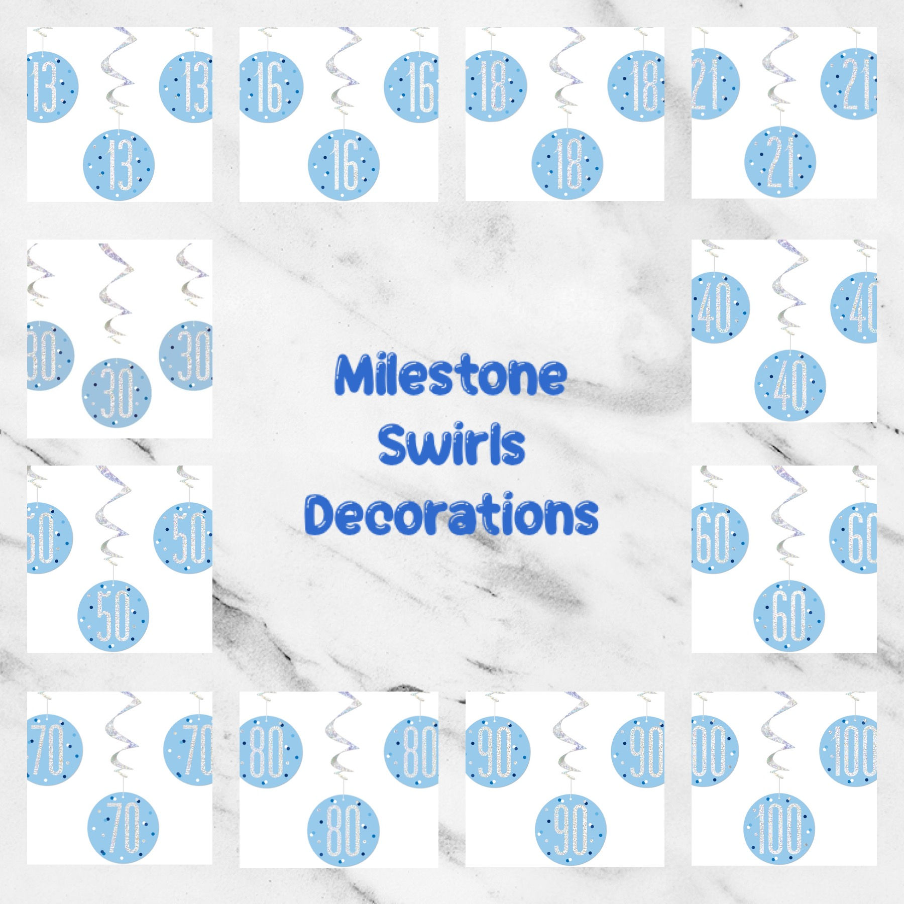 Blue Silver Glitz Birthday Age Hanging Swirls 80cm 3pcs / 1pkt