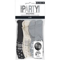 Black & Silver Glitz Happy Birthday 12" Latex Balloons 6pcs/ 1pkt
