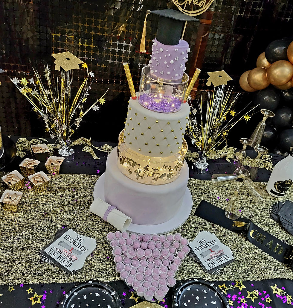 Thumbnail: Graduation party set up. Balloon arch. Star shape balloon frame.Table deco.bk dr