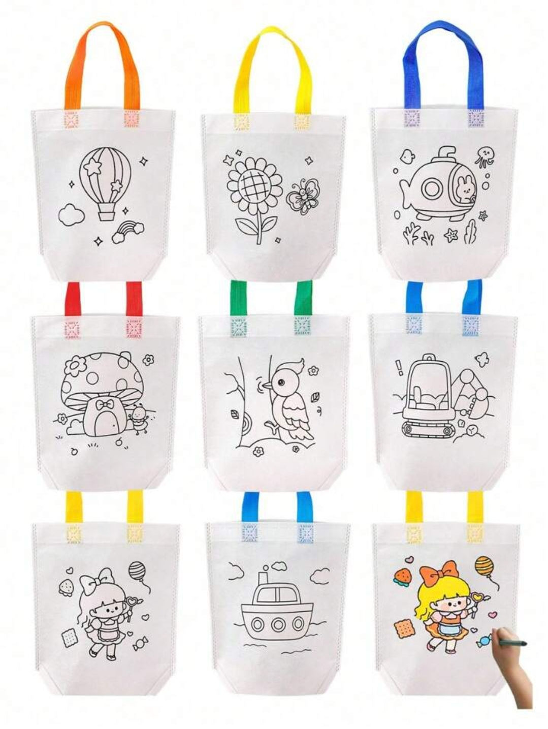 2pk Random Cute Cartoon Pattern Non Woven Fabric Doodle Gift tote colouring Bags