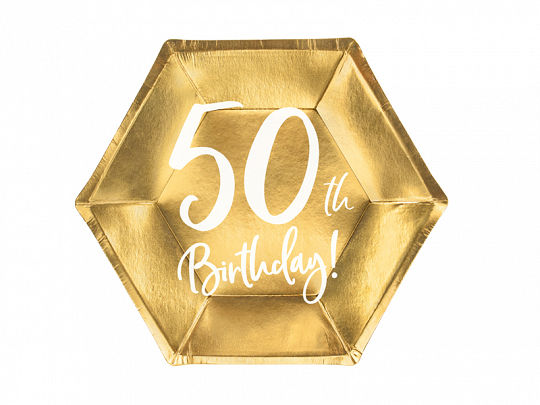 Plates 50th Birthday, gold, 20cm
Paper plates in gold metallic colour with whit