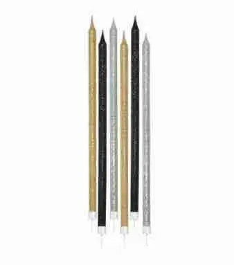 Glitter candles silver/ gold / black 12pk 15cm