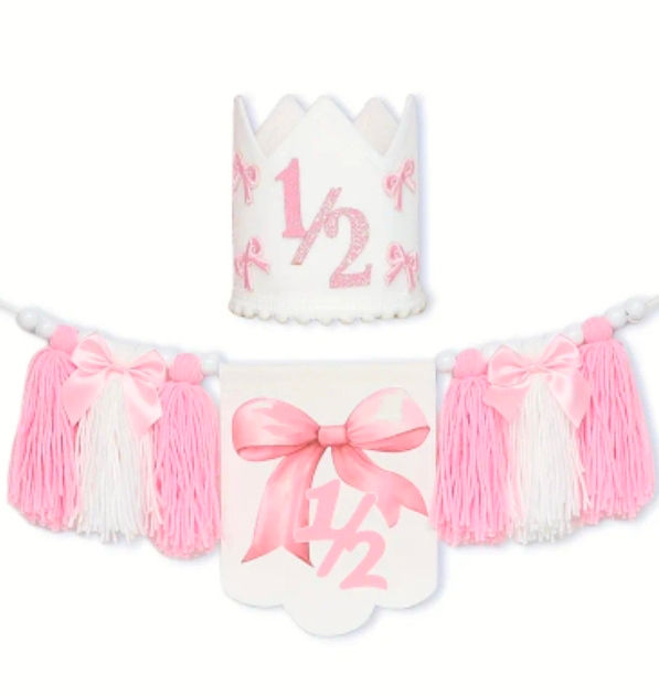 1/2 birthday pink tassel banner and baby crown