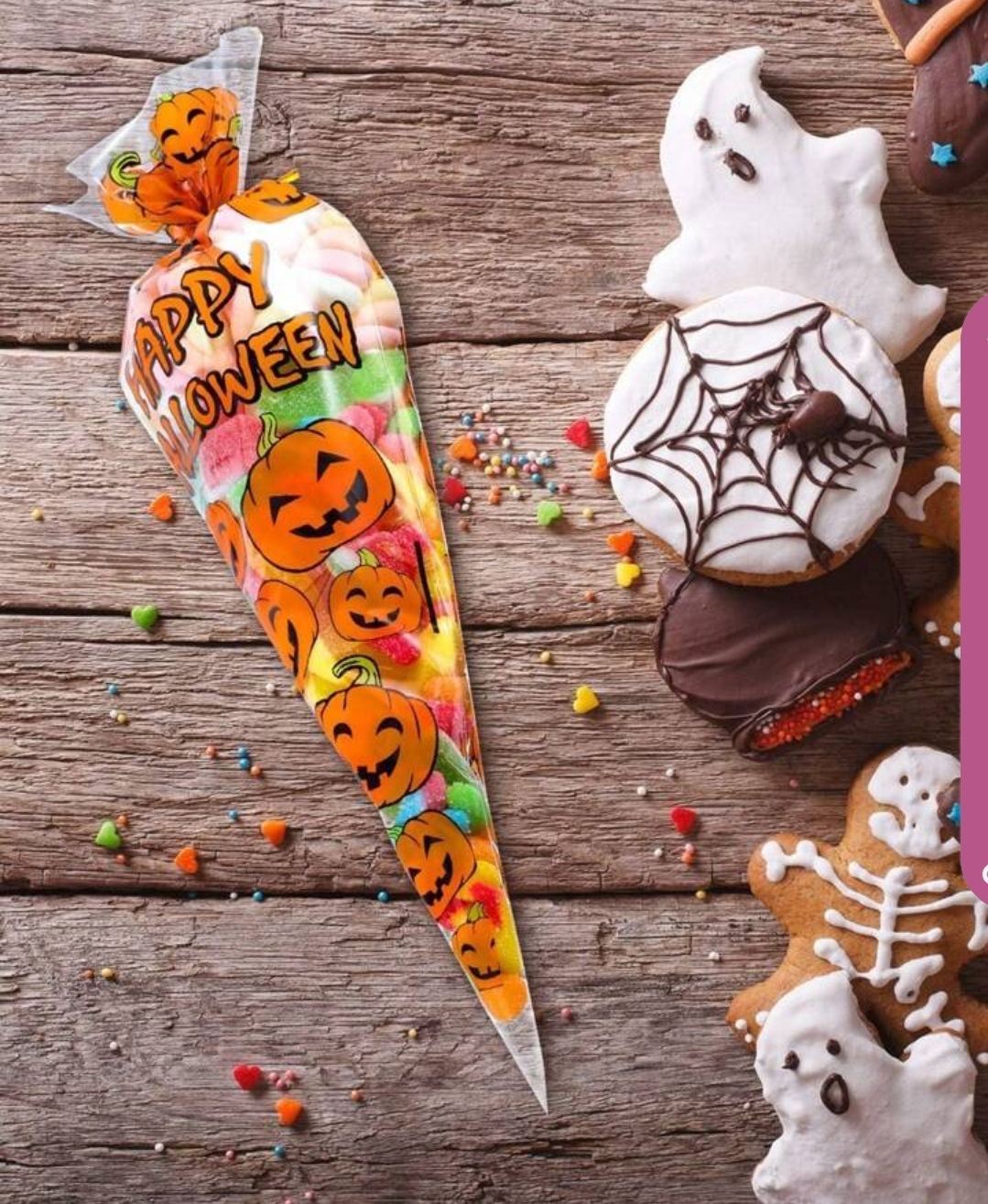 Happy Halloween Cone Cellophane Treat Bags Pumpkin Print With Gold Twist