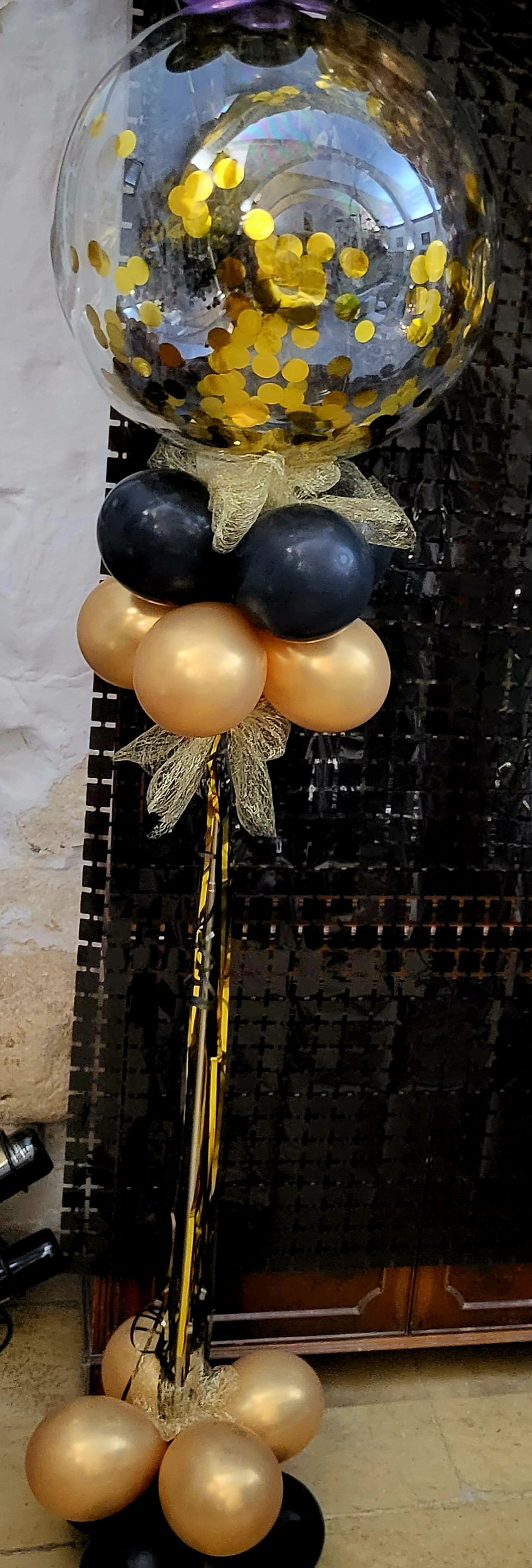 Thumbnail: Graduation party set up. Balloon arch. Star shape balloon frame.Table deco.bk dr