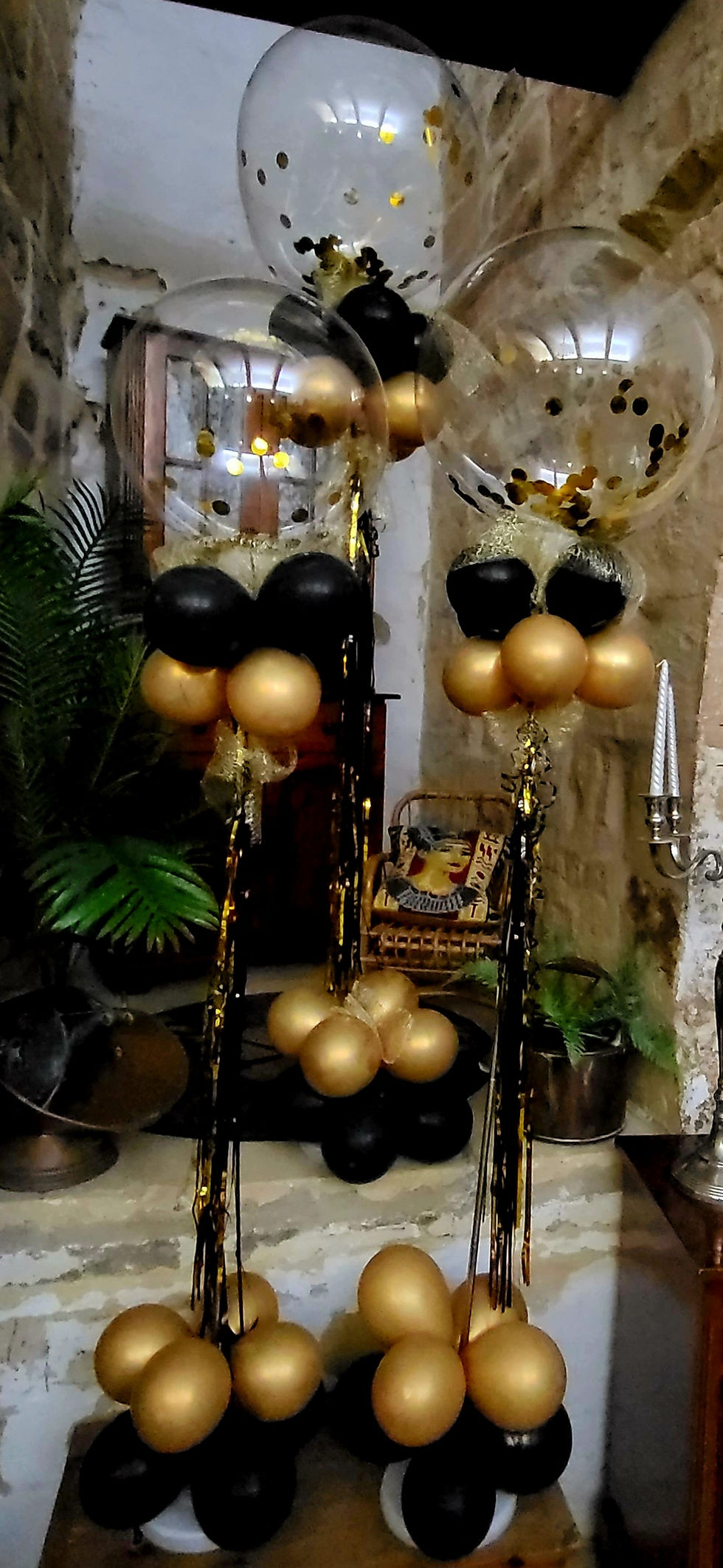 Thumbnail: Graduation party set up. Balloon arch. Star shape balloon frame.Table deco.bk dr
