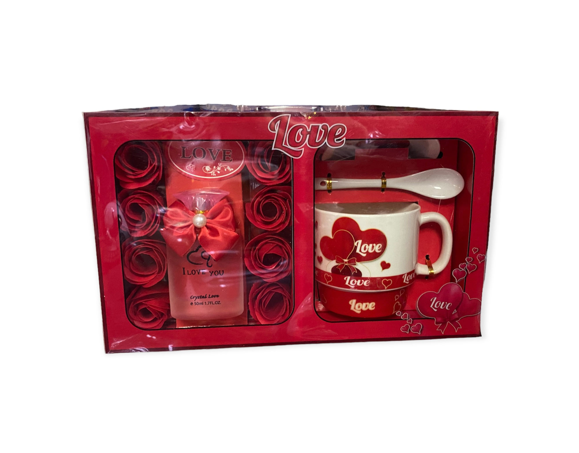 Valentine's Coffee Cup with Spoon, Plate, 8 scented Roses, Perfume, Gift Box