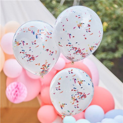 Double Layered White & Rainbow Confetti Balloons - 18" 3pcs / 1pkt