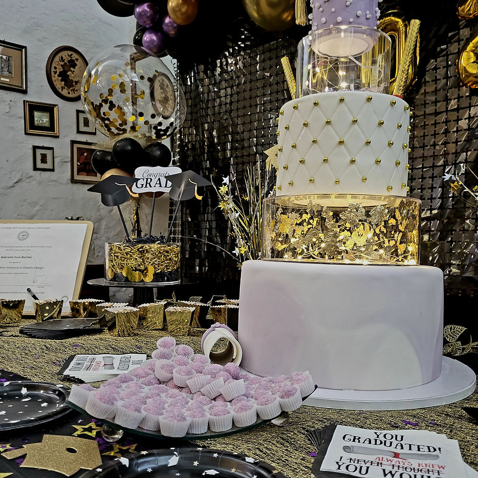 Thumbnail: Graduation party set up. Balloon arch. Star shape balloon frame.Table deco.bk dr
