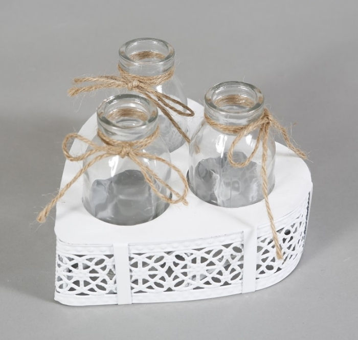 Heart shaped metal base with 3 glass bottles