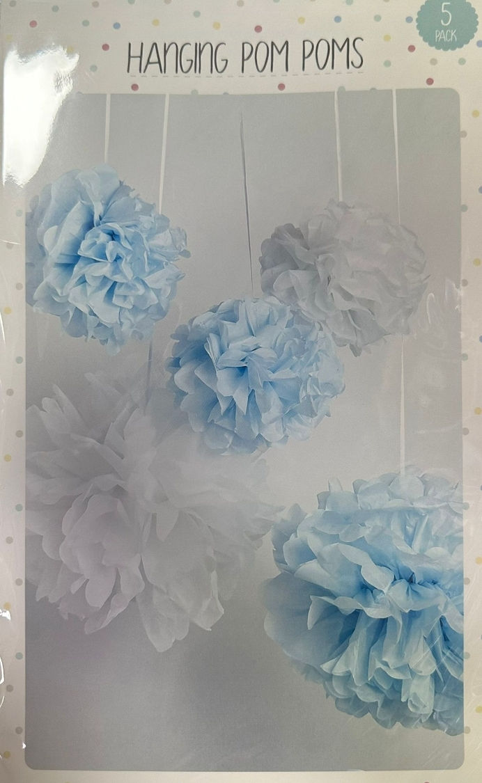 Blue & White Pom Pom Hanging Decoration- Pack of 5
