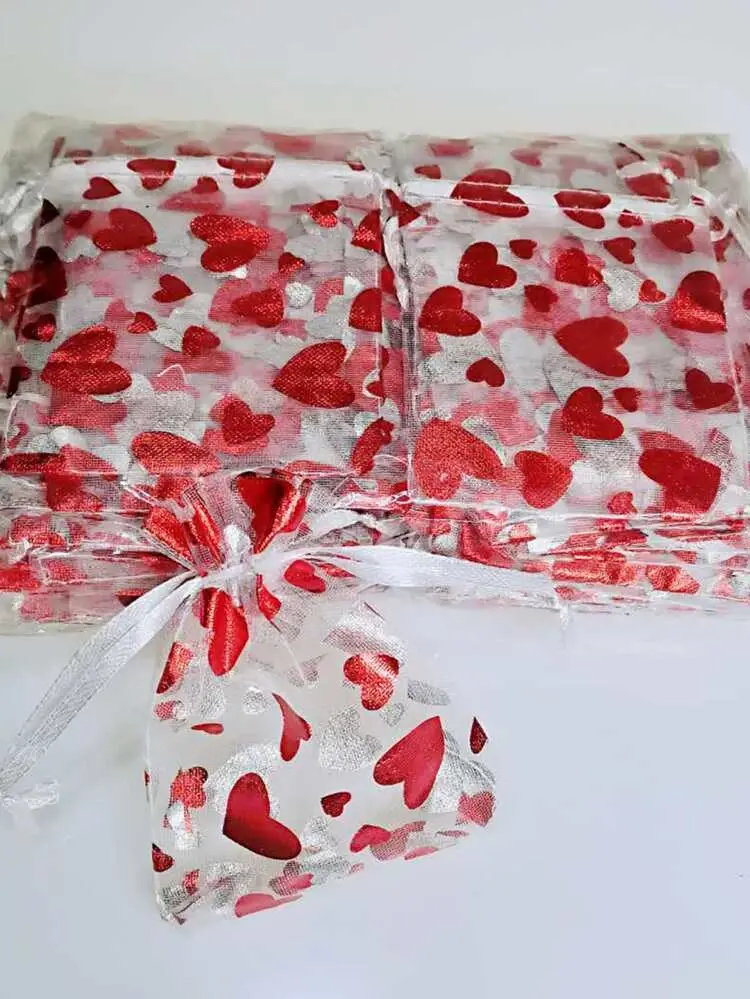 Thumbnail: Heart Print Drawstring Organza Bag 10pcs / 1pkt 