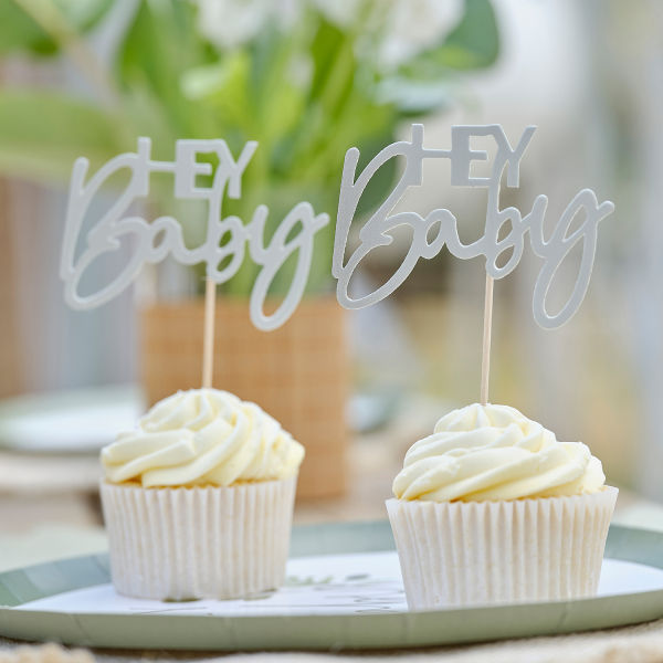 Cupcake Topper- Hey Baby - Green and Nude 12pk