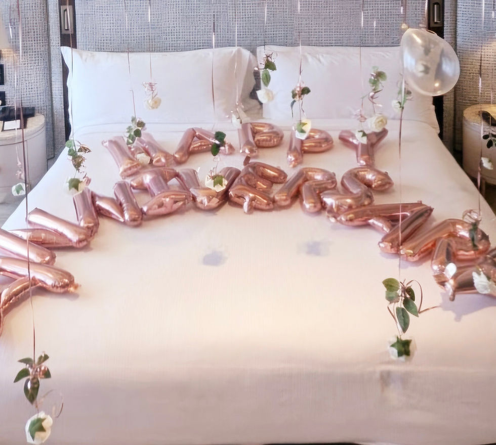 Thumbnail: 💗 20 chrome rose gold balloons, each with matching ribbon hotel room