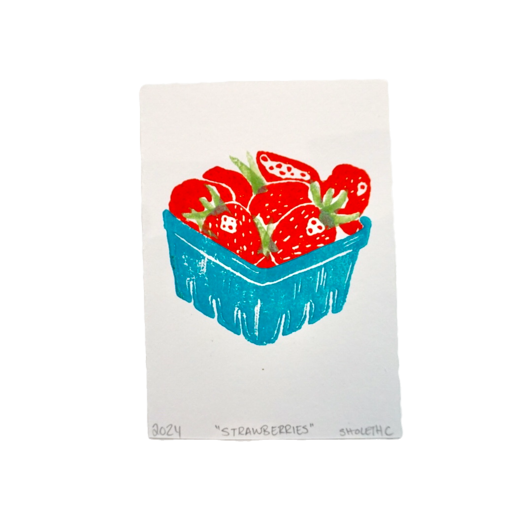 strawberries - lino print - 3"x4"