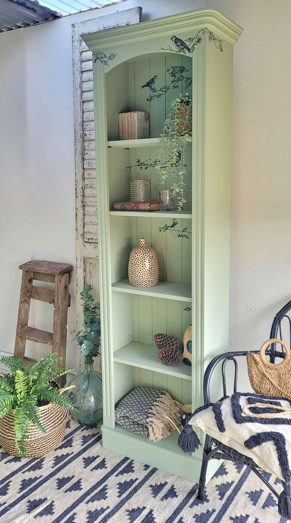 Thumbnail: SOLD Commission item -Bookcase Bookshelf Painted Green with Bird Design