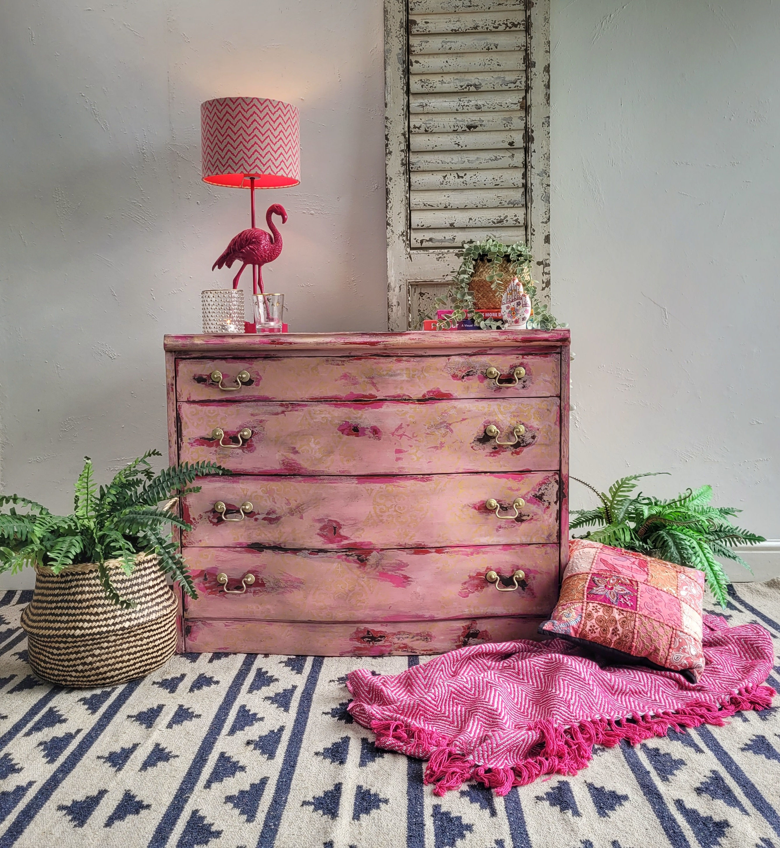 Available to Commission- Pink Gold Vintage Bow Front Chest of Drawers