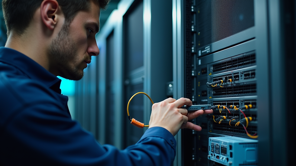 Close-up view of a technician working on a network switch in a data center