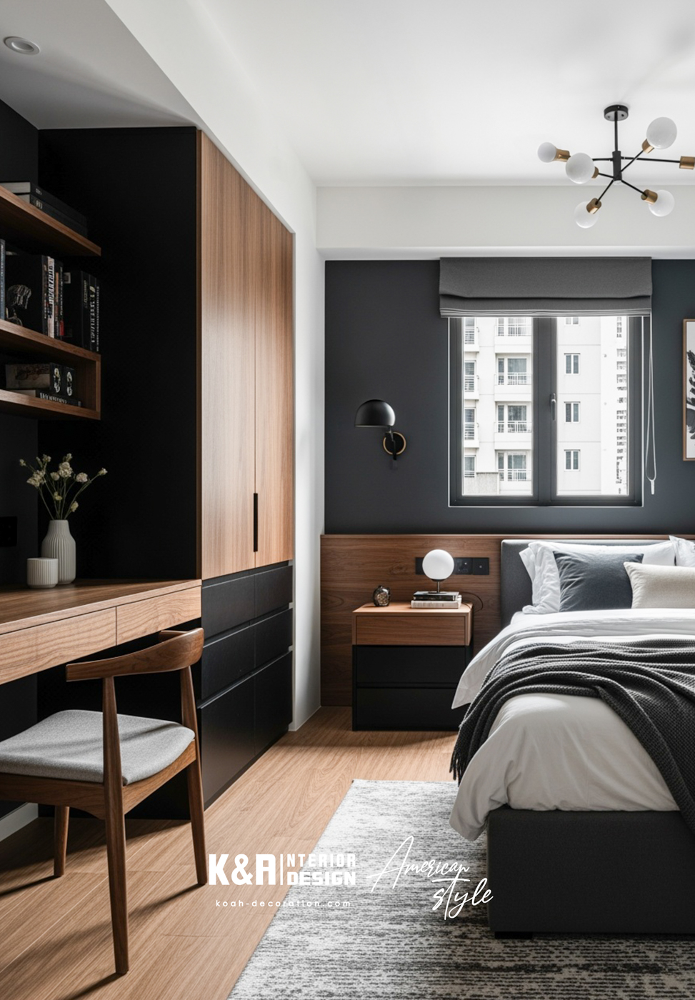 以胡桃木調為設計基礎，訂造床架與地台床，邊緣精準圓角處理，避免碰撞；牆身收納櫃連書桌一體成型，高級黑鉸鏈與深色抽屜平衡木質溫潤，融入少量素色床品，喚醒劇集中的神秘復古臥室氛圍，舒適度滿分。