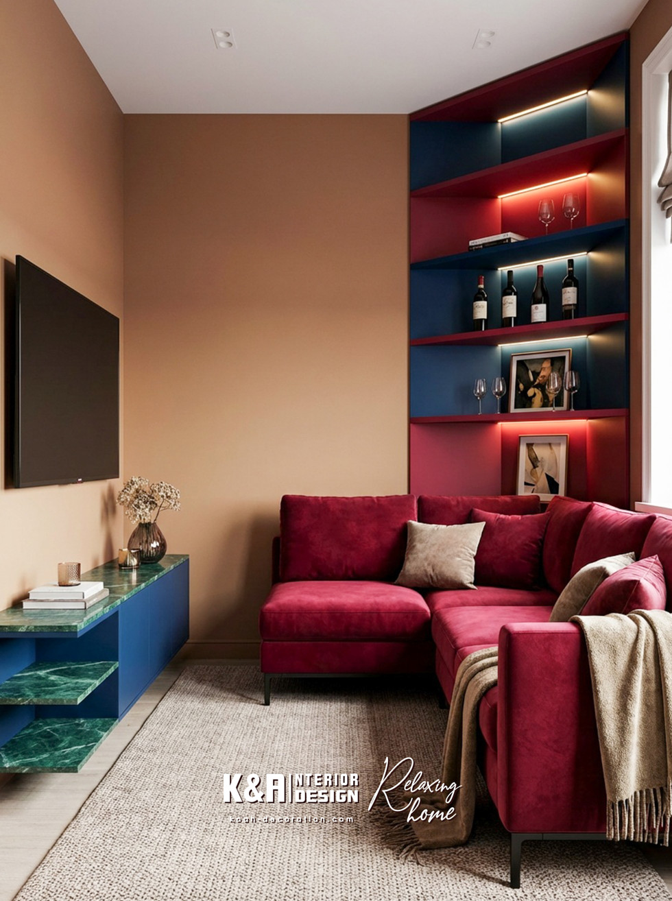 訂造L形寶石紅絨布沙發：深沉卻不壓抑的紅寶石色沙發，配以簡潔黑金屬腳與隱藏儲物，坐下去就像被溫暖擁抱，同時解決小客廳收納痛點。