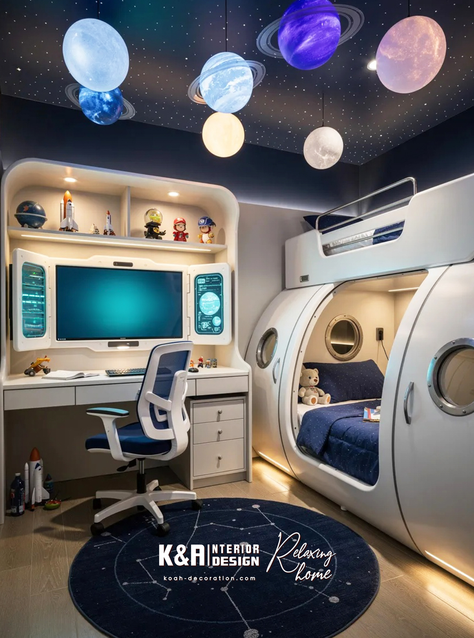 太空探索未來風  深藍星空天花＋LED星球燈＋訂造太空艙床，可規劃「控制台」學習區，培養探索精神。