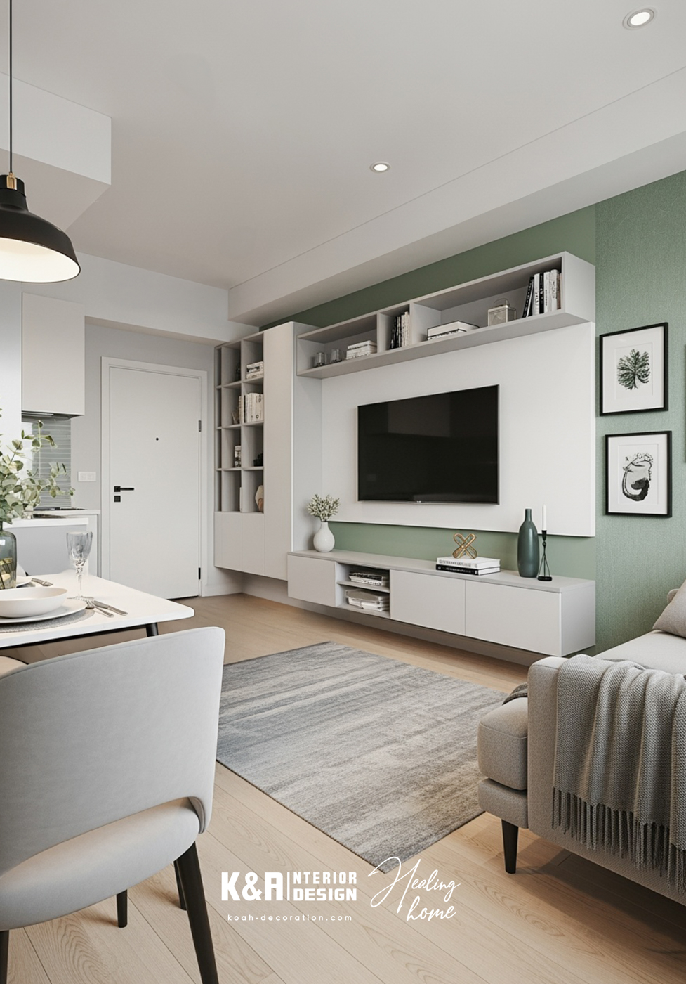 高雅裝飾設計以專業室內設計團隊視角，為你打造「治癒鼠尾草綠」風格，融合現代簡約，精準調配淺灰色、暖白、鼠尾草綠、淺原木四色，透過訂造傢俬與牆身櫃，打造從社交區到私密區統一又療癒的色彩組合格調，為你身心