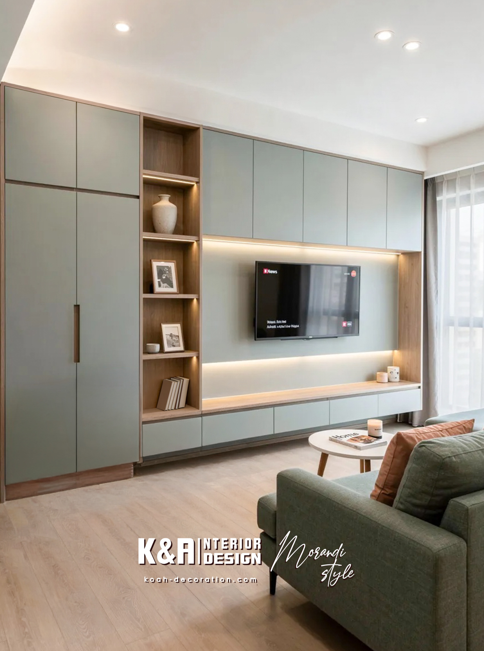 •  訂造霧藍色L形絨布沙發，搭配米色圓角邊几與灰綠色電視櫃，形成柔和層次又不失現代感。 •  訂造原木基調＋莫蘭迪灰綠色的到頂牆身櫃，簡潔俐落的隱藏式設計同時提供大量收納，讓小客飯廳保持整潔通透。