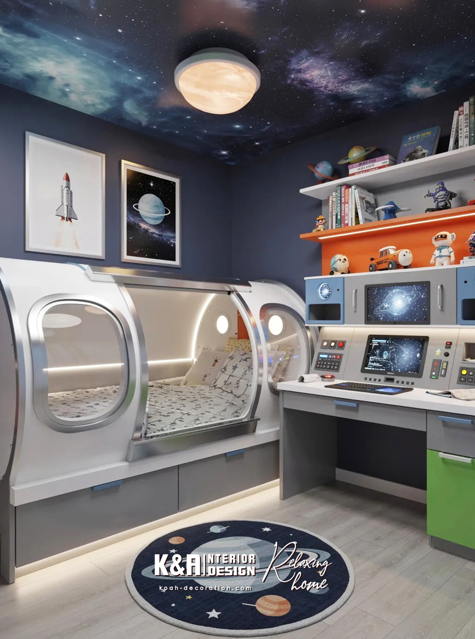 太空探索未來風  深藍星空天花＋LED星球燈＋訂造太空艙床，可規劃「控制台」學習區，培養探索精神。