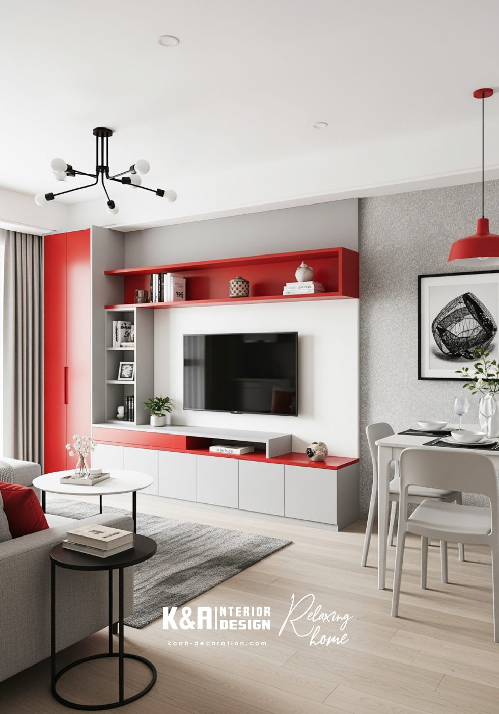 以暖白與米白構築空間基底，營造寧靜廣闊感；元力紅色作為點睛之筆，融入抱枕或燈飾，喚醒內在激情之餘，避免過份花俏，適合小戶型放大視覺深度。