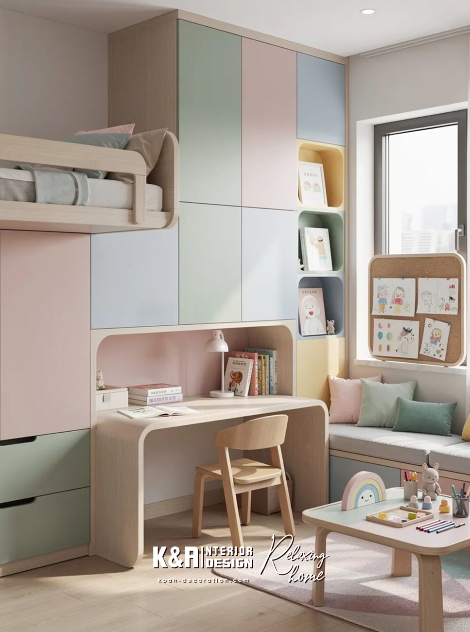 彩虹夢幻風 莫蘭迪彩色訂造櫥櫃＋弧形書桌，可分出「彩虹閱讀角」與「藝術創作區」，激發創意。