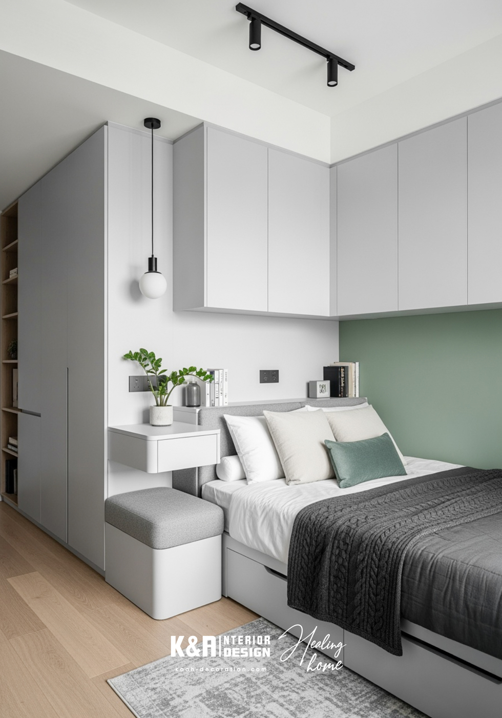 高雅裝飾設計以專業室內設計團隊視角，為你打造「治癒鼠尾草綠」風格，融合現代簡約，精準調配淺灰色、暖白、鼠尾草綠、淺原木四色，透過訂造傢俬與牆身櫃，打造從社交區到私密區統一又療癒的色彩組合格調，為你身心
