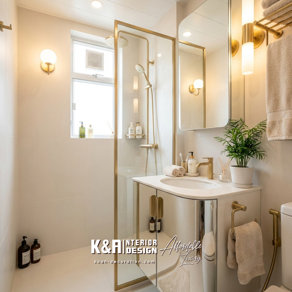 訂造銀鏡面懸浮式洗手盆櫃，搭配香檳金金屬水龍頭與把手，瞬間提升浴室奢華感。