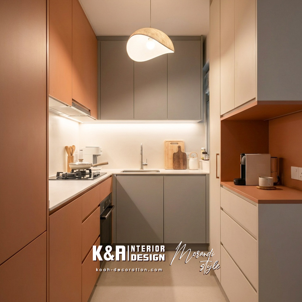 訂造霧橘子色U型開放式廚櫃,搭配米白色工作枱面與霧灰吊櫃及廚櫃,讓小廚房既明亮又充滿溫暖氛圍,連下廚時也感到一份輕鬆寫意。