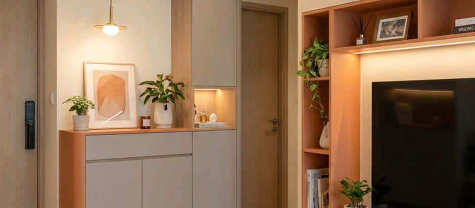 霧灰色L形絨布沙發,搭配霧橘子色/米白電視櫃與展示層格,柔和色調讓小客廳充滿溫馨包圍感。