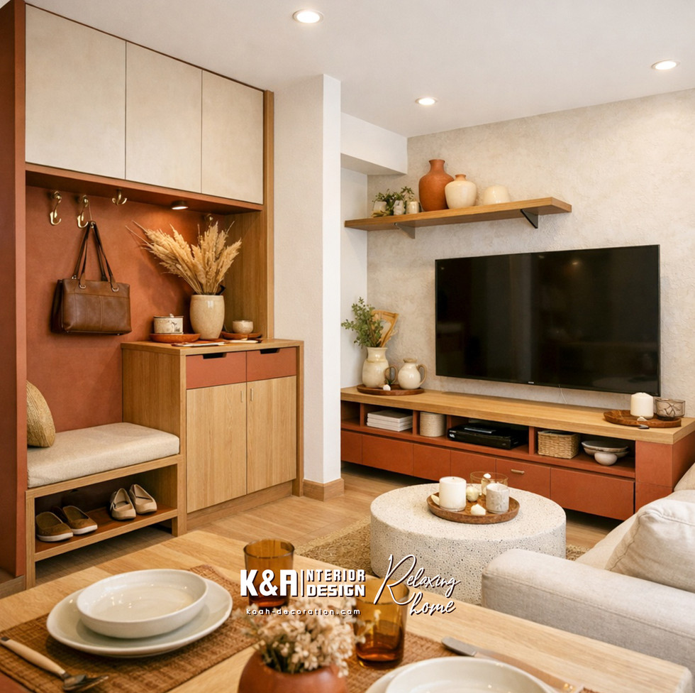 陶土大地色調風 採用陶土紅、米灰、淺棕等溫潤大地色系,訂造玄關櫃與電視櫃組合,帶有微民族風情的自然質感,既接地氣又充滿生活溫度,適合追求溫暖氛圍的家庭。