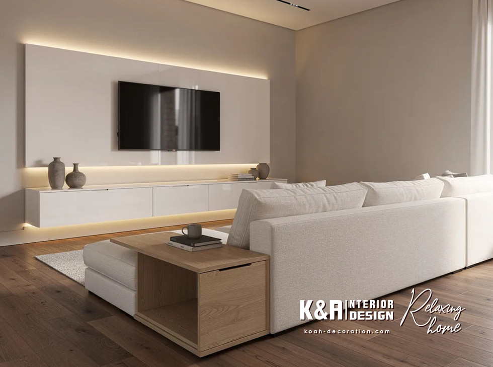 客廳米白沙發與電視櫃:訂造L形米白絨布沙發,簡潔線條配暖調原木邊几,內置隱藏儲物,優化生活動線;電視櫃用米白烤漆,融入LED柔光燈帶,放大視覺深度20%,營造寧靜休憩區。