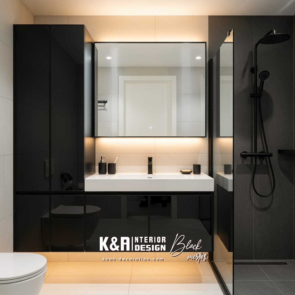 •  訂造黑鏡面懸浮式洗手盆櫃，搭配暖白大理石紋檯面，冷暖對比極具高級感。 •  訂造黑鏡面儲物鏡櫃，兼具收納與放大空間的效果，解決浴室常見的收納問題。