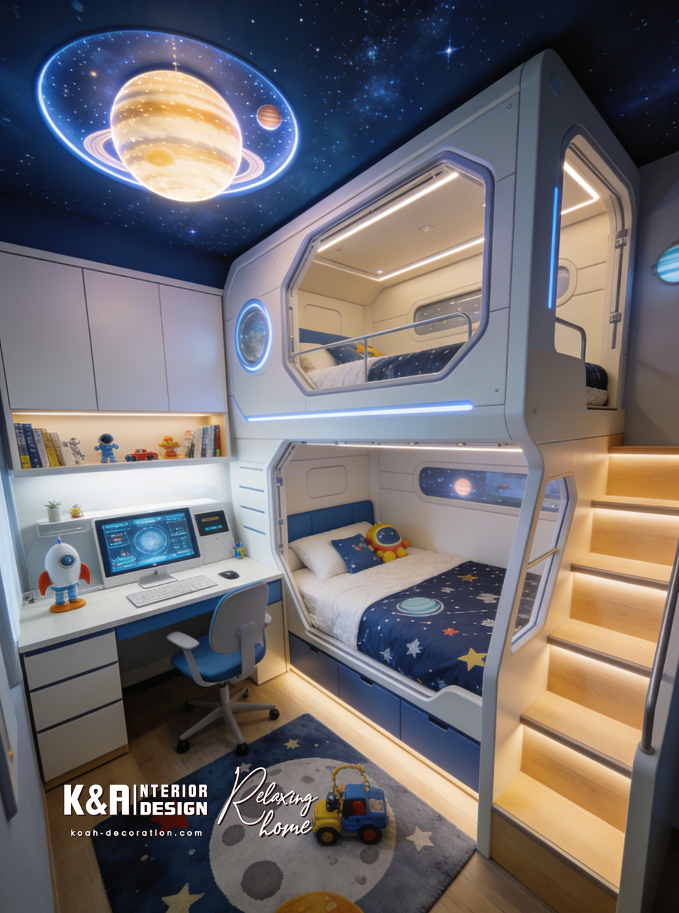 太空探索未來風  深藍星空天花＋LED星球燈＋訂造太空艙床，可規劃「控制台」學習區，培養探索精神。