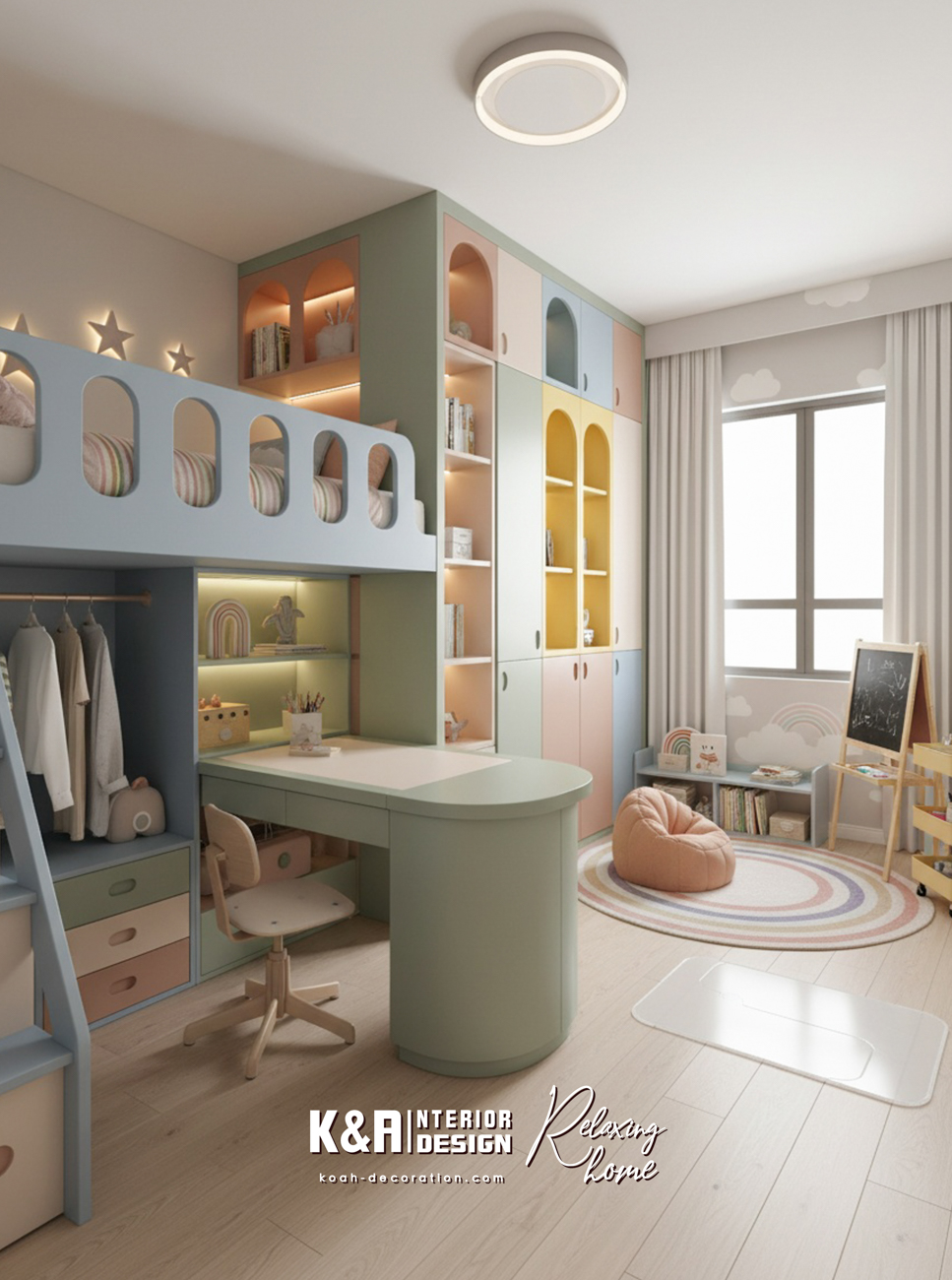 彩虹夢幻風 莫蘭迪彩色訂造櫥櫃＋弧形書桌，可分出「彩虹閱讀角」與「藝術創作區」，激發創意。