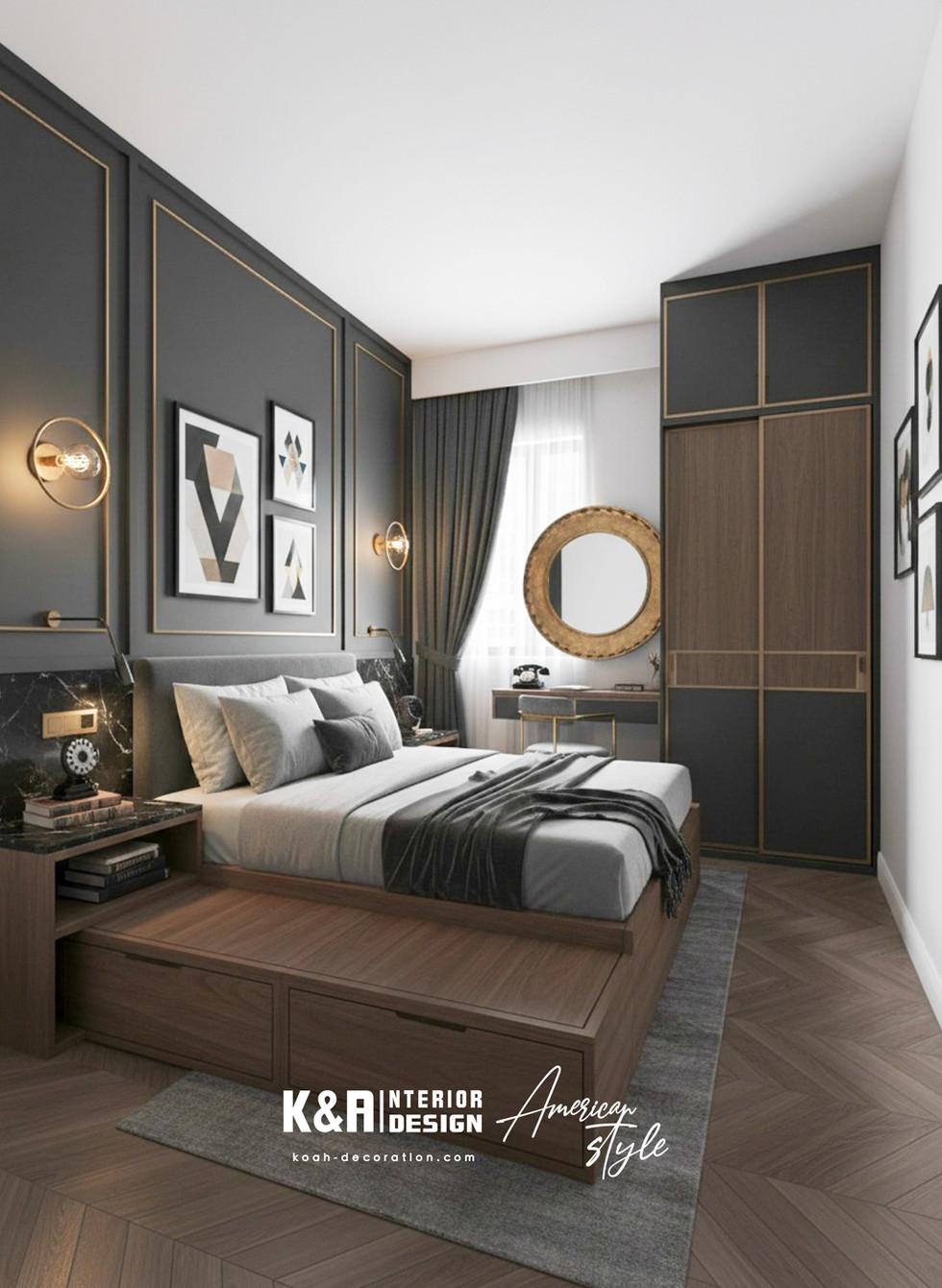 以胡桃木調為設計基礎，訂造床架與地台床，邊緣精準圓角處理，避免碰撞；牆身收納櫃連書桌一體成型，高級黑鉸鏈與深色抽屜平衡木質溫潤，融入少量素色床品，喚醒劇集中的神秘復古臥室氛圍，舒適度滿分。