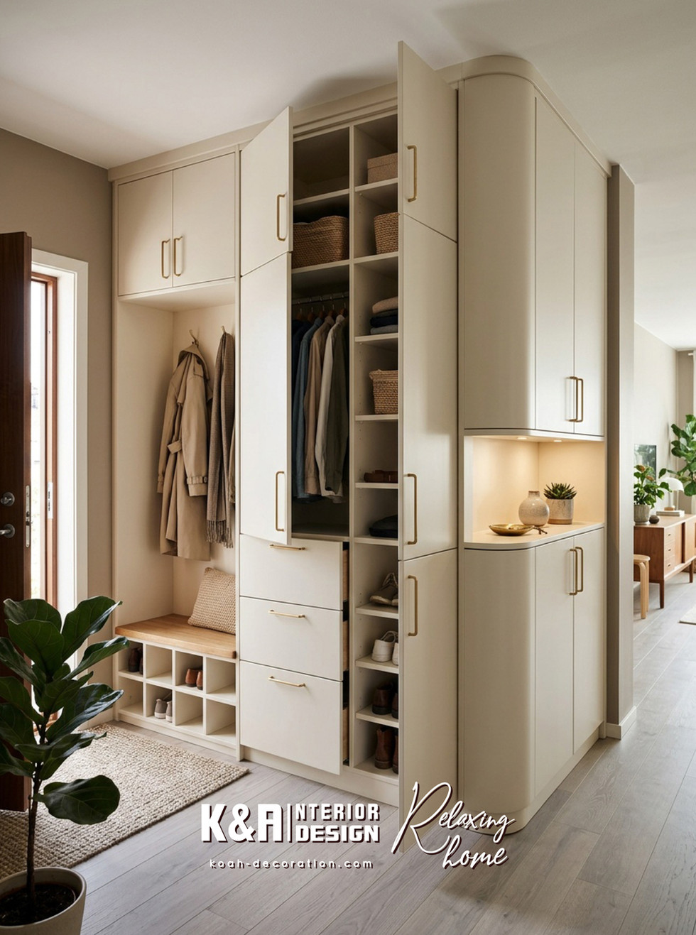 玄關收納系統:訂造米白牆身櫃,簡潔線條融入暖調把手,海量儲物斷絕雜物,開門即見清爽舒適,按戶主生活動線設計,方便生活日常。