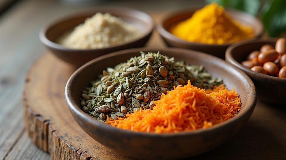 Close-up view of dried herbs and natural supplements in bowls