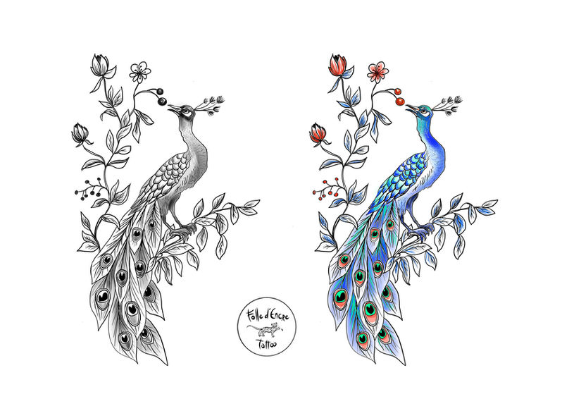 Tatouage paon, tatouage tatouage floral, tatouage ornemental, tatouage fine line, tatouage fin, tatouage réaliste, tatouage précis, tatouage Suisse romande, tatouage Morges, tatouage Versoix