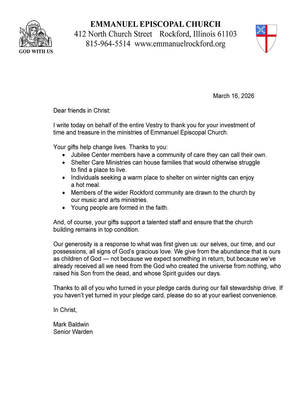 A letter from the Senior Warden